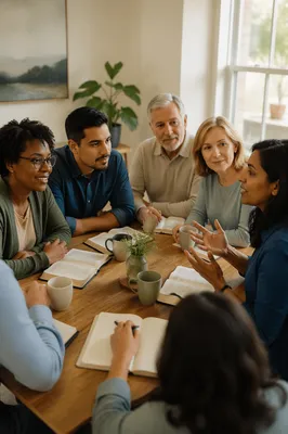 Small Group Discussion Around Wooden Table