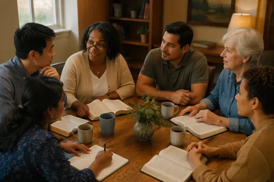 Small Group Discussion Around Wooden Table