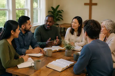 Small Group Discussion Around Wooden Table