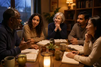 Small Group Discussion Around Wooden Table