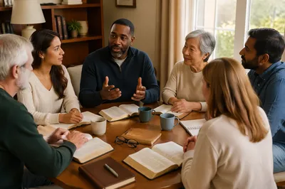 Small Group Discussion Around Wooden Table