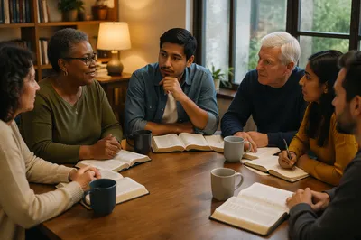 Small Group Discussion Around Wooden Table