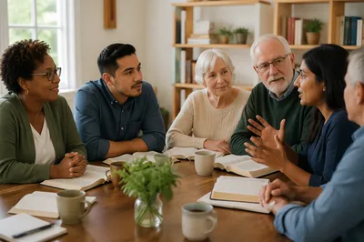 Diverse Adults Discussing Books Around Table