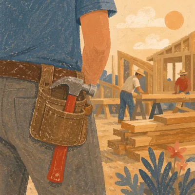 Church Construction Volunteer With Hammer Tool Belt