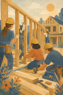 Church Volunteers Framing a Habitat Build