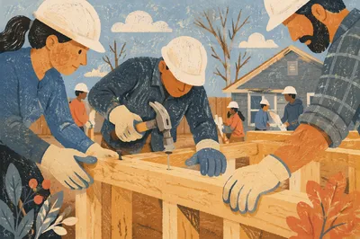 Church Volunteers Building Home Frame Together