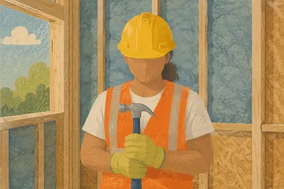 Construction Volunteer with Hammer in Framed Wall