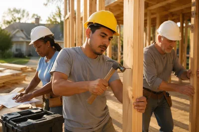 Volunteers Building Wooden Frame House Together