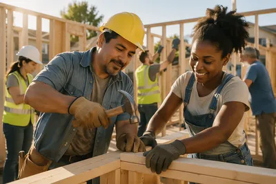 Volunteers Framing a House at Sunrise