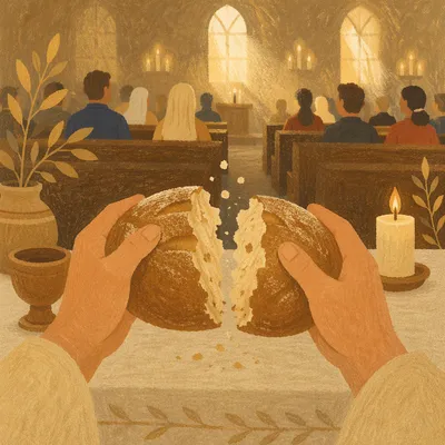Hands Breaking Bread in Communion Service