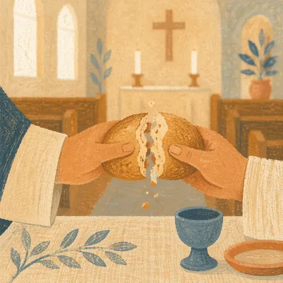 Hands Breaking Bread During Communion Service