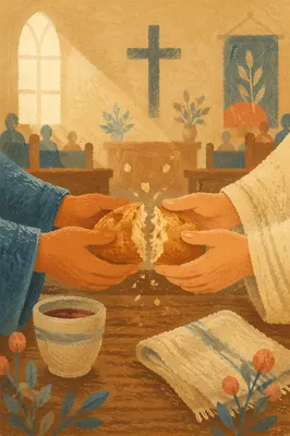 Hands Breaking Bread at Communion Service