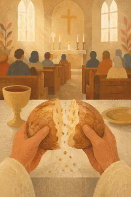 Hands Breaking Bread During Communion Service
