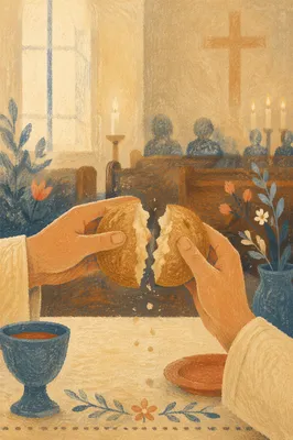 Hands Breaking Bread During Communion Service