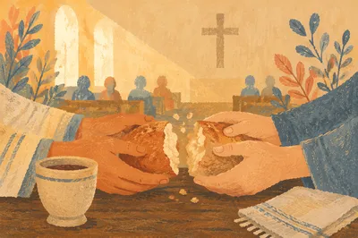 Hands Breaking Bread During Communion Service