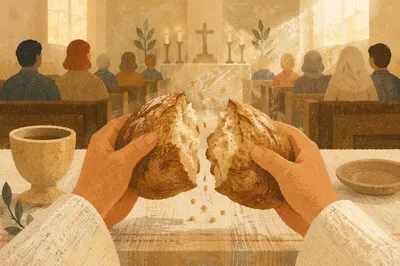 Hands Breaking Bread During Communion Service