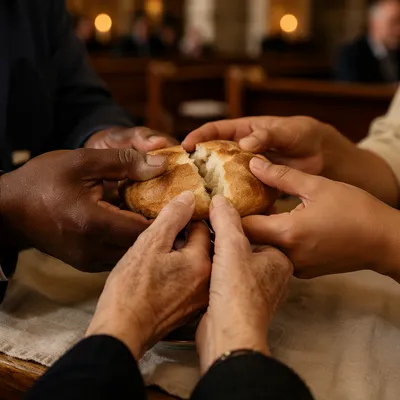 Hands Breaking Bread in Church