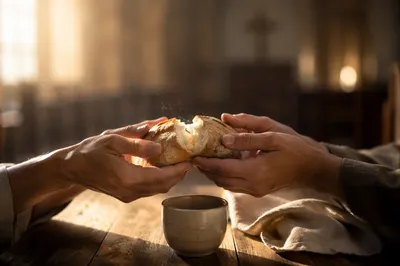 Hands Breaking Bread During Communion Service