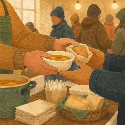 Church Volunteers Sharing Warm Outreach Meals