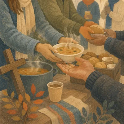 Hands Serving Soup at Church Outreach
