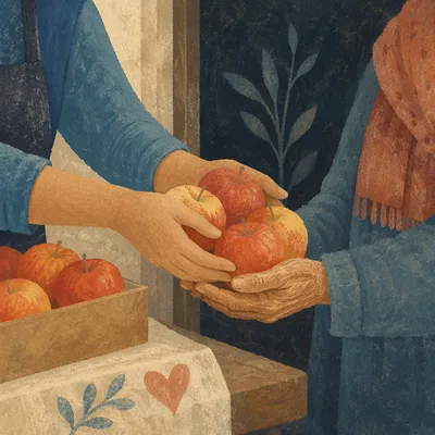 Compassionate Hands Sharing Apples in Ministry
