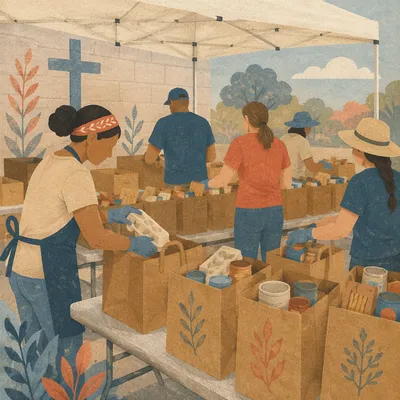 Church Food Outreach Volunteers Packing Groceries