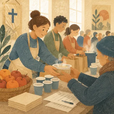 Volunteers Sharing Meals in Church Hall