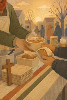 Church Hands Serving Soup at Sunrise