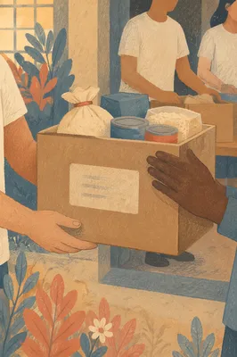 Hands Sharing Food Donation Box at Church