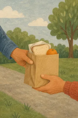 Hands Sharing Meal Bag in Outreach Ministry