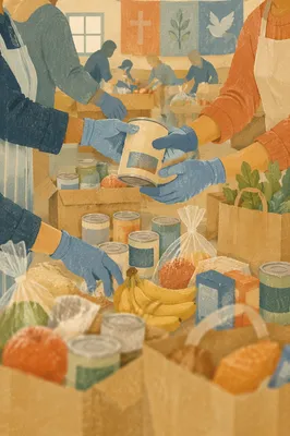 Church Volunteers Sharing Food Outreach Supplies