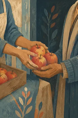 Compassionate Hands Sharing Apples in Ministry