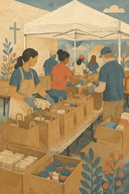 Church Food Outreach Volunteers Packing Grocery Bags