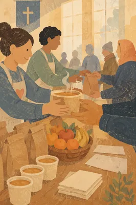 Volunteers Sharing Meals in Church Hall