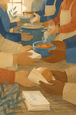 Hands Sharing Soup at Church Outreach Meal