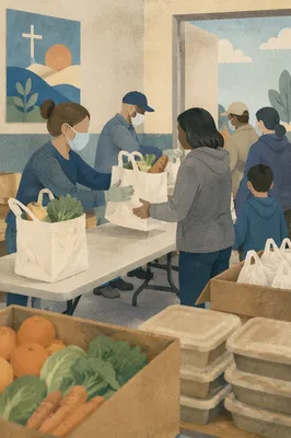 Church Outreach Hands Sharing Grocery Bags
