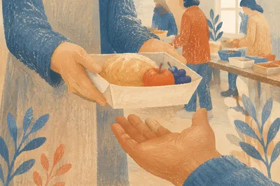 Hands Sharing Food in Church Outreach
