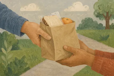 Hands Sharing Meal Bag in Outreach Ministry