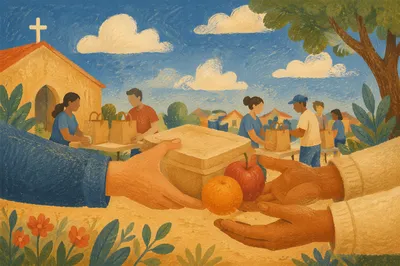 Hands Sharing Food in Church Outreach