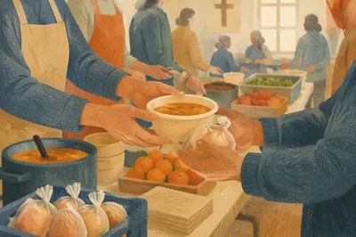 Volunteers Sharing Meals in Church Fellowship Hall