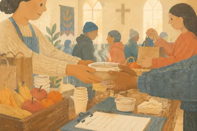 Volunteers Serving Meals in Church Hall