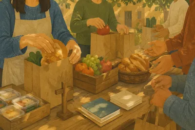 Church Volunteers Packing Food Outreach Bags