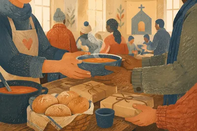 Church Hands Serving Soup and Bread