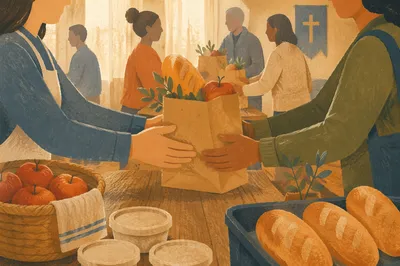 Hands Sharing Food at Church Outreach Table