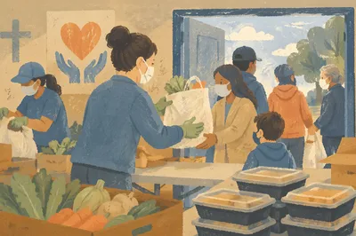 Church Outreach Hands Sharing Grocery Bags