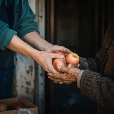 Volunteer Hands Sharing Apples in Food Outreach