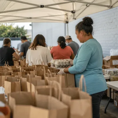 Church Volunteers Preparing Food Outreach Bags