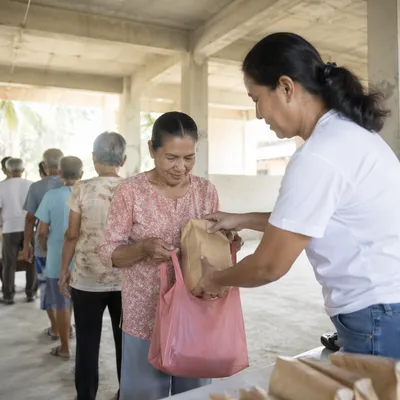 Hands Sharing Food Parcels in Church Outreach