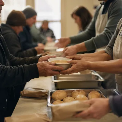 Church Volunteers Serving Warm Outreach Meals