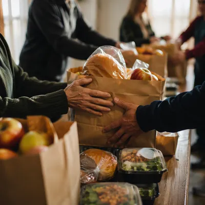 Church Outreach Hands Sharing Food Bags